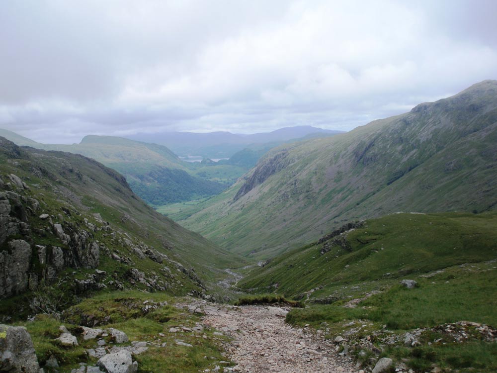 Looking down Grains Gill to Skiddaw in cloud